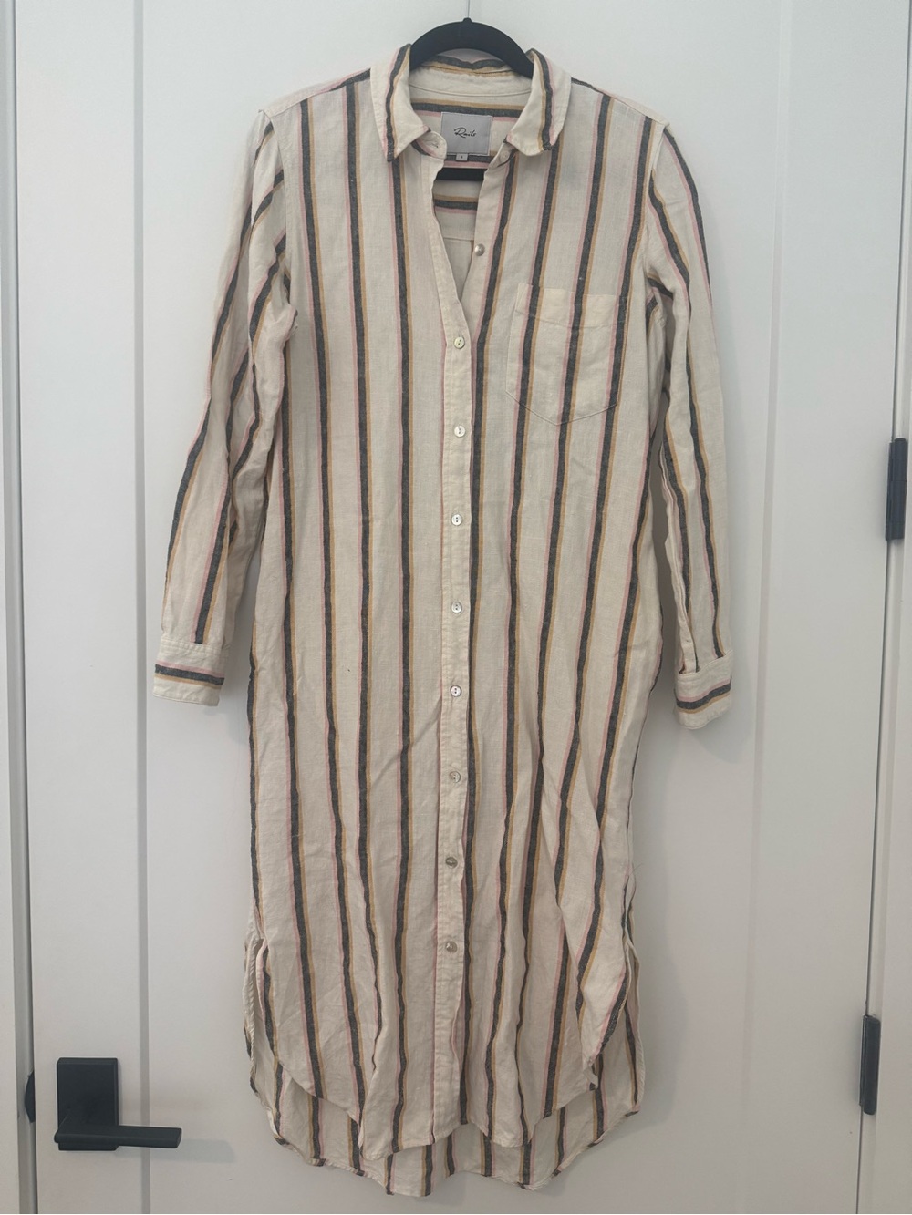 Rails Striped Long-Sleeve Button-Down Dress in Cream, Brown and Black